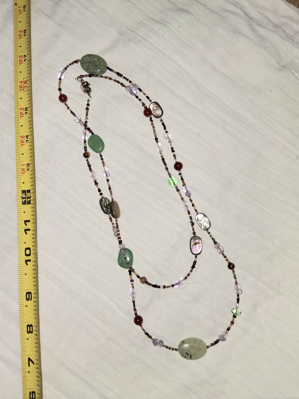 Green Multi-Stone Beaded Long Necklace Sterling Silver Clasp